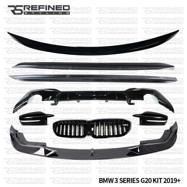 BMW 3 SERIES G20 BODY KIT GLOSS BLACK FRONT SPLITTER DIFFUSER SIDE SKIRT SPOILER